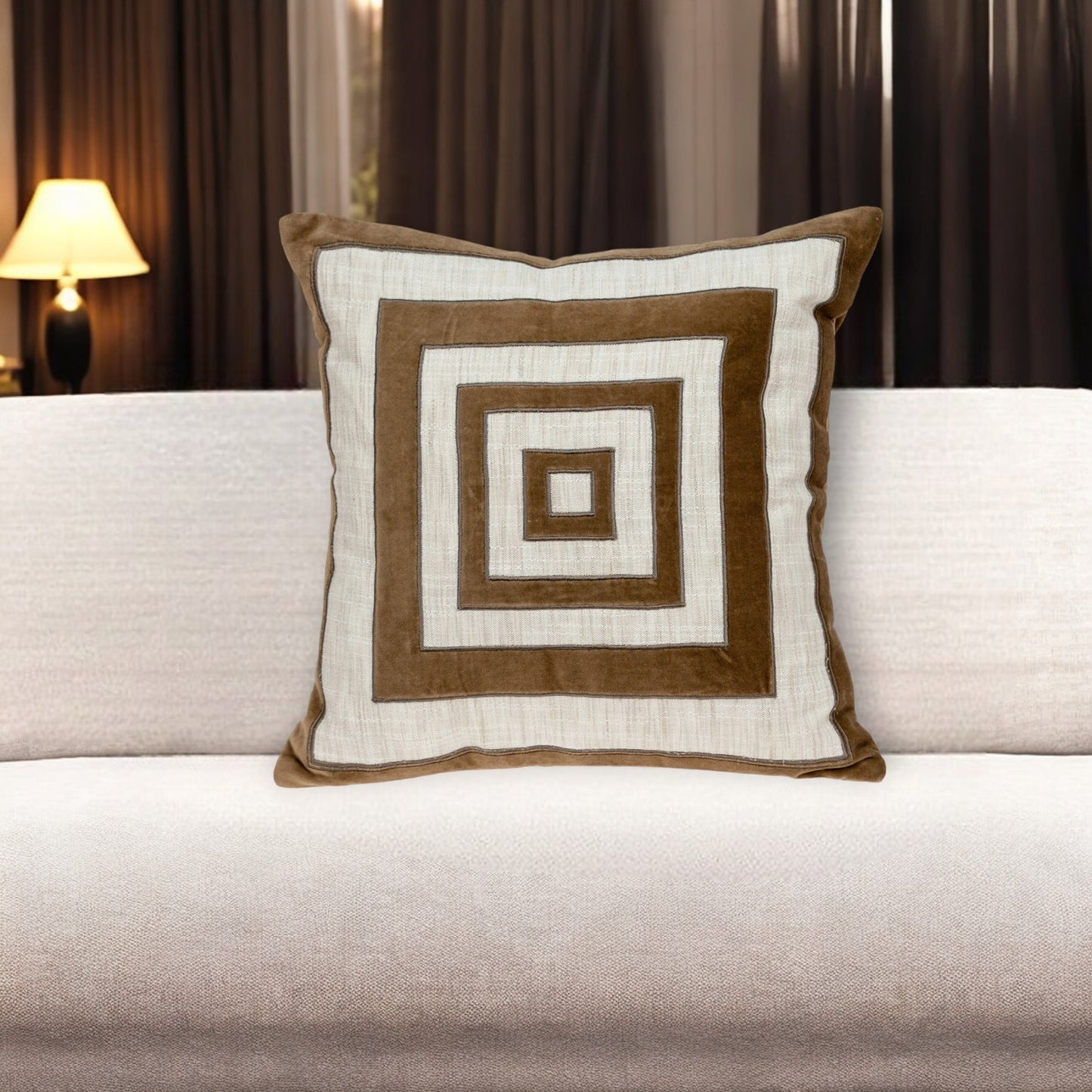 18" Beige and Brown Geometric Cotton Blend Throw Pillow with Embroidery and Applique