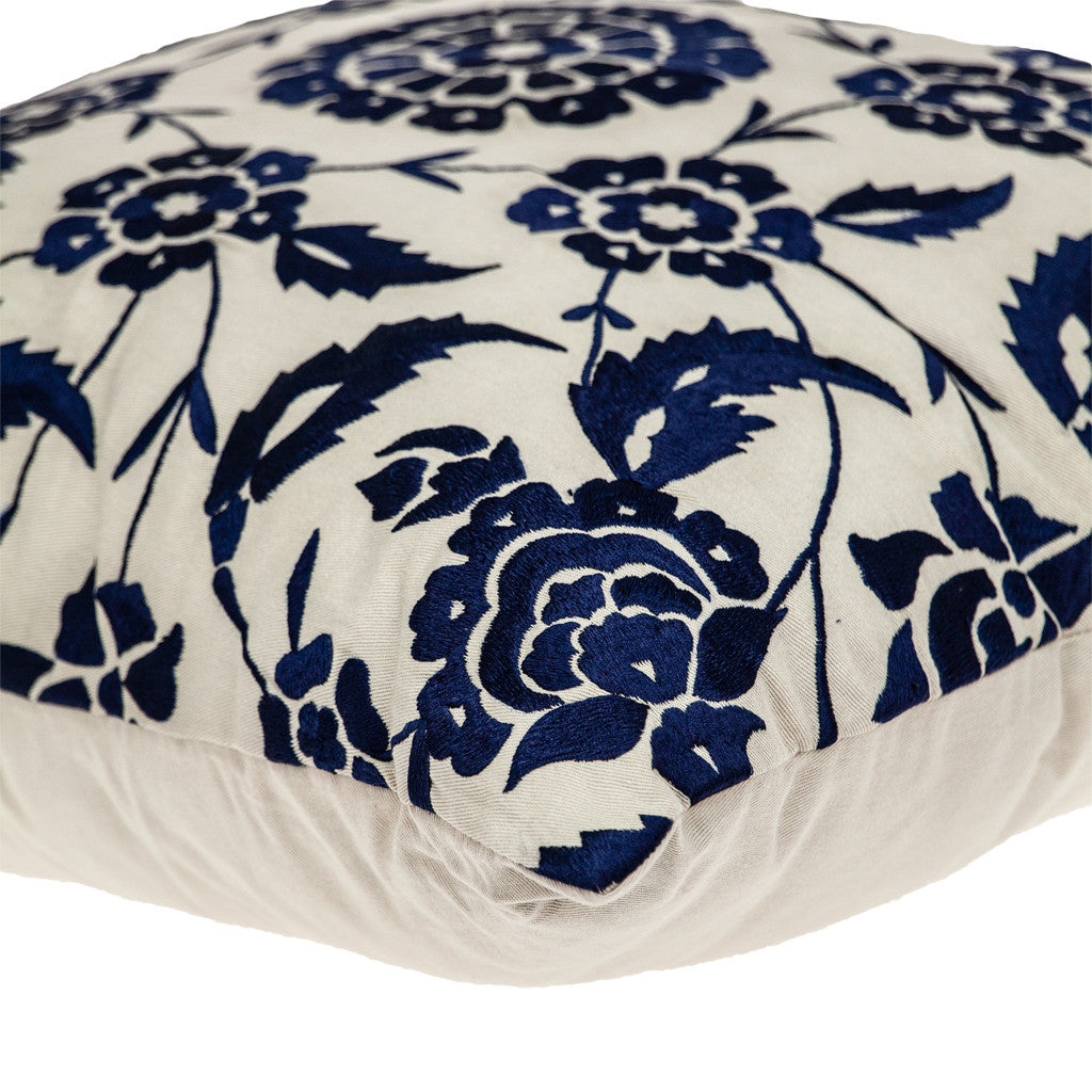 22" Beige and Blue Floral Cotton Throw Pillow With Embroidery