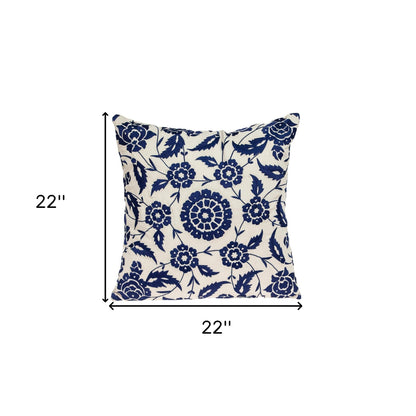 22" Beige and Blue Floral Cotton Throw Pillow With Embroidery