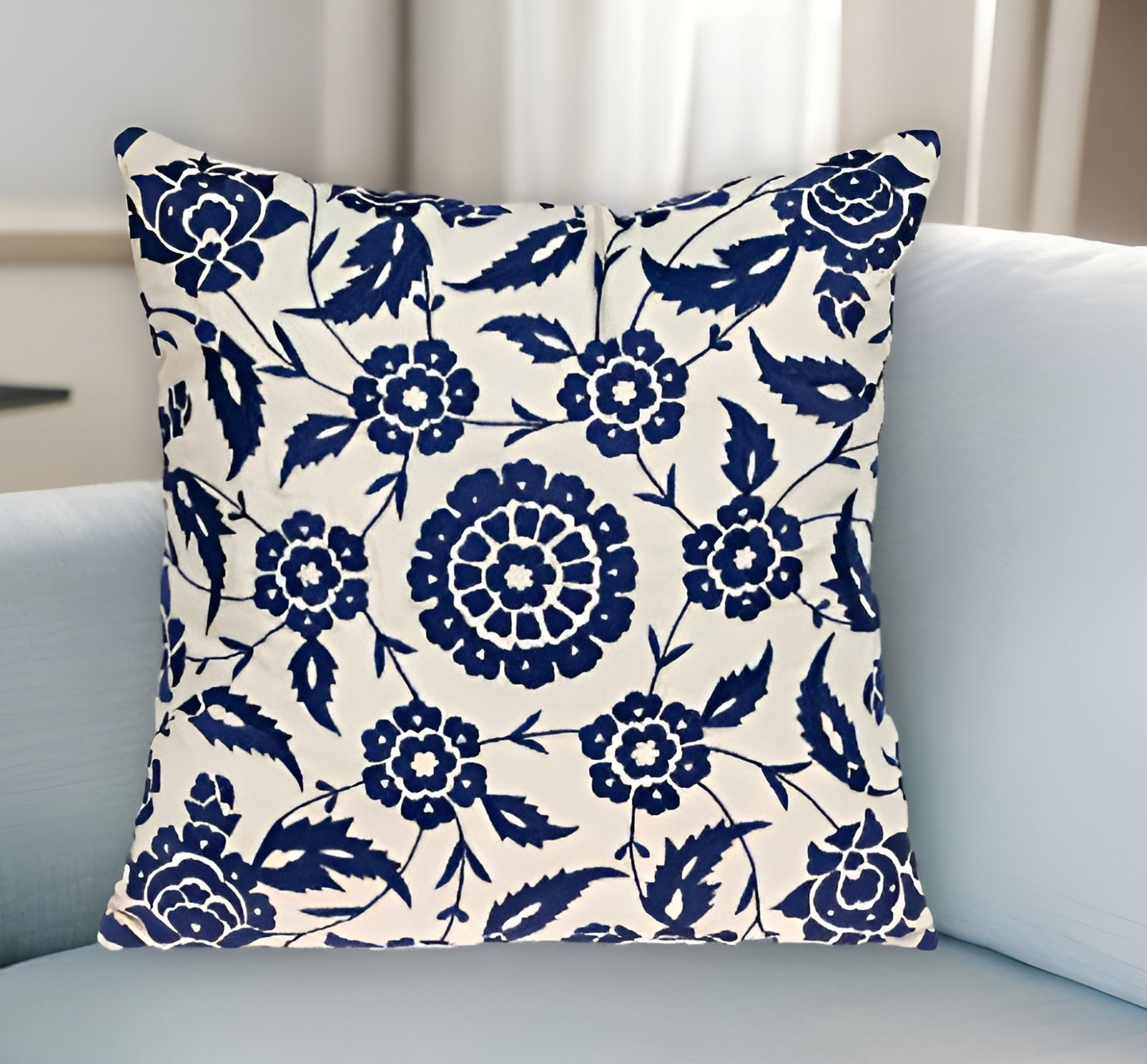 22" Beige and Blue Floral Cotton Throw Pillow With Embroidery