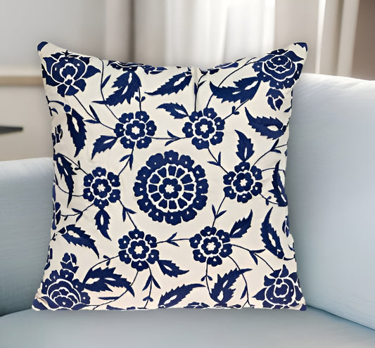 22" Beige and Blue Floral Cotton Throw Pillow With Embroidery