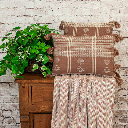 14" X 20" Beige and Brown Southwestern Cotton Throw Pillow With Tassels