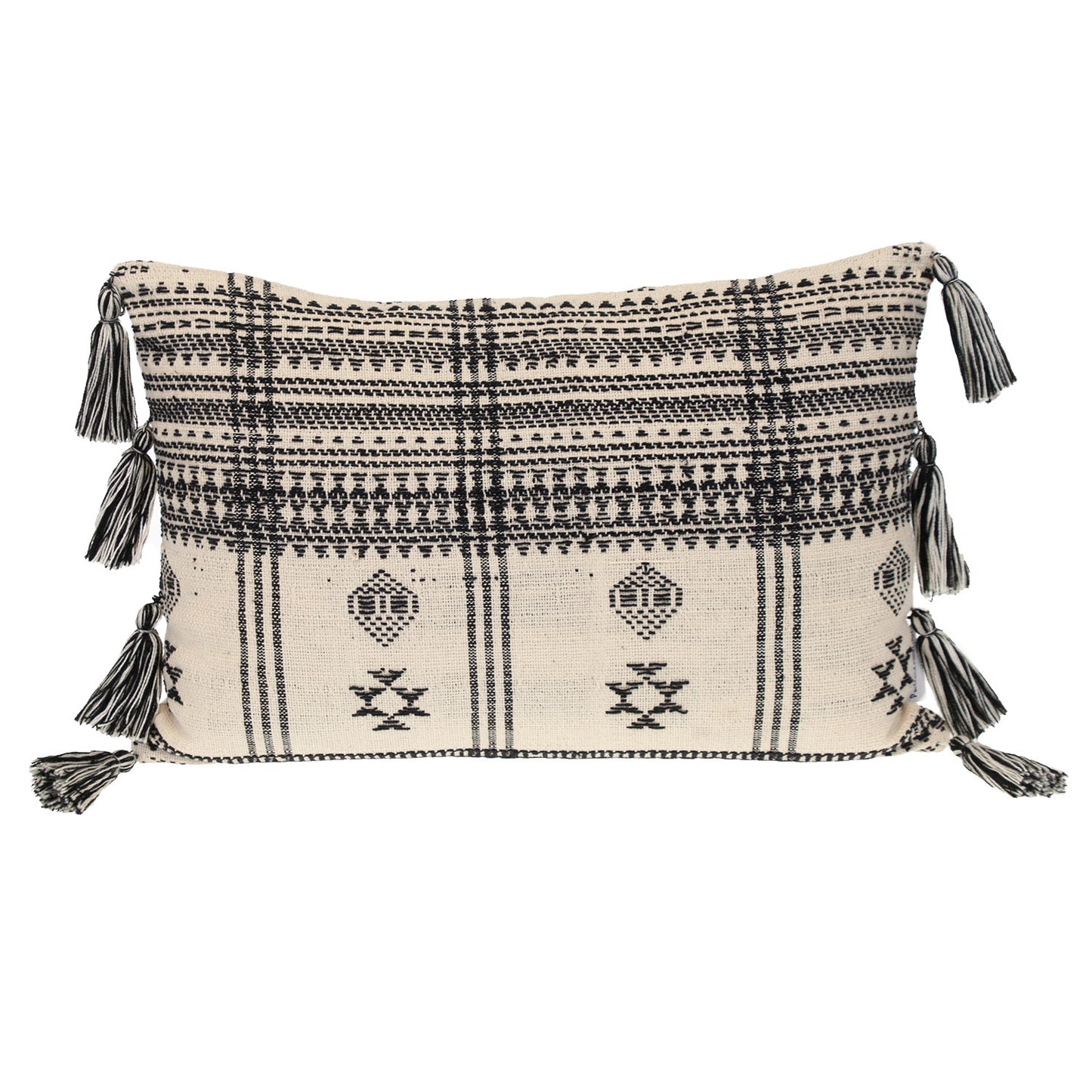 14" X 20" Beige and Black Southwestern Cotton Throw Pillow With Tassels