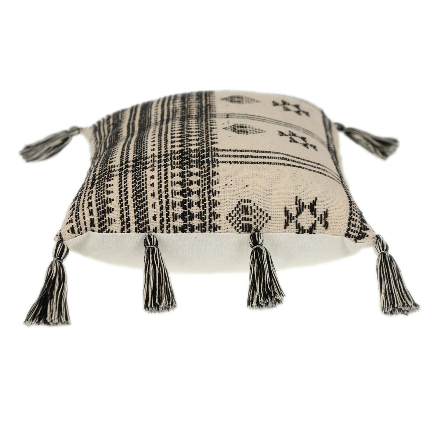 14" X 20" Beige and Black Southwestern Cotton Throw Pillow With Tassels