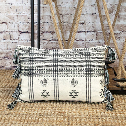 14" X 20" Beige and Black Southwestern Cotton Throw Pillow With Tassels