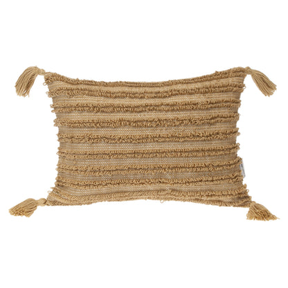 14" X 20" Beige Striped Cotton Throw Pillow With Tassels