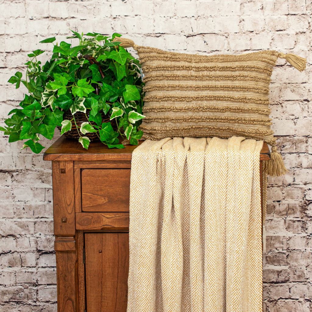 14" X 20" Beige Striped Cotton Throw Pillow With Tassels