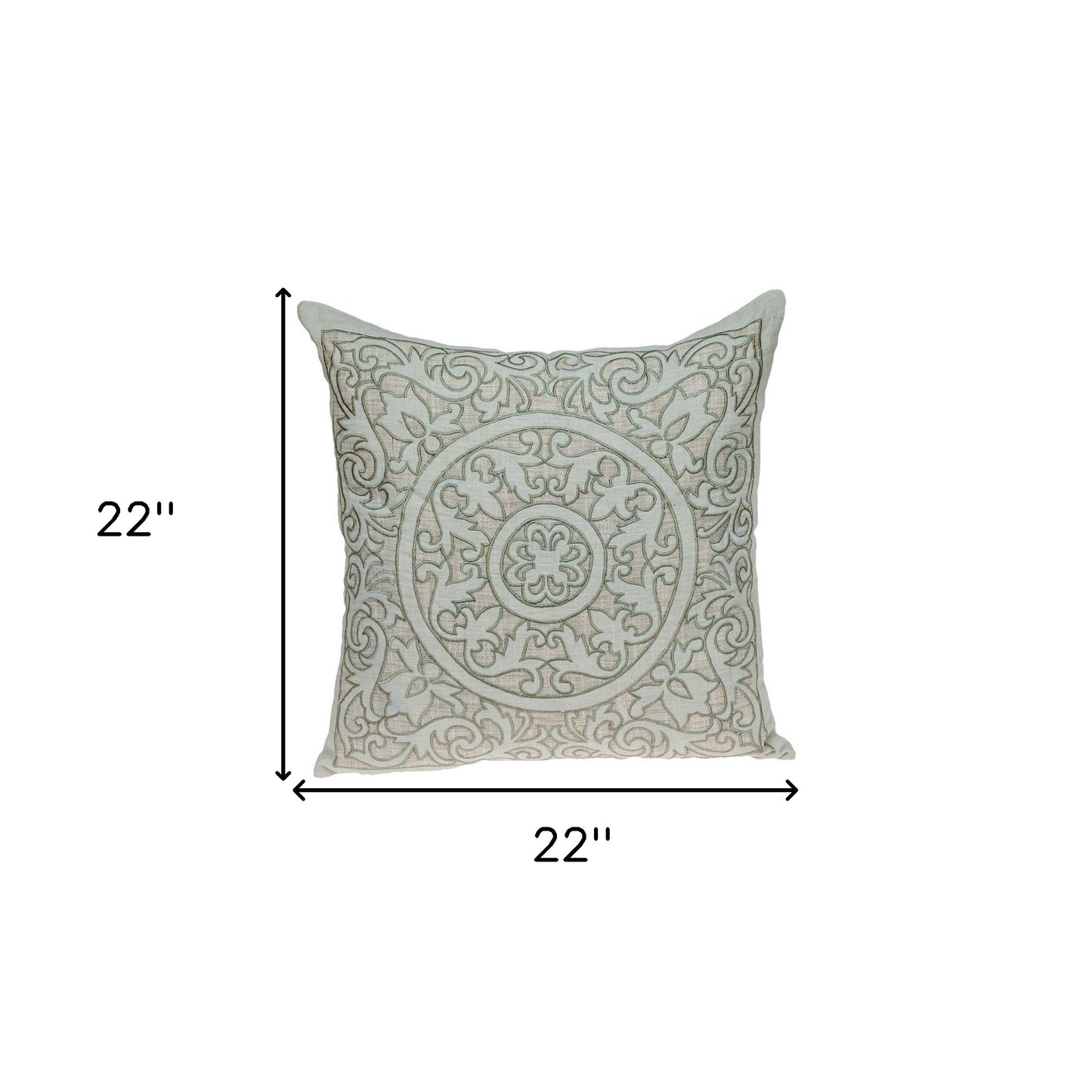 22" Beige and Green Damask Linen Blend Throw Pillow with Embroidery and Applique