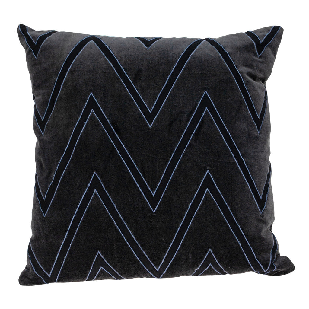 22" Black and Blue Zigzag Cotton Throw Pillow with Embroidery and Applique