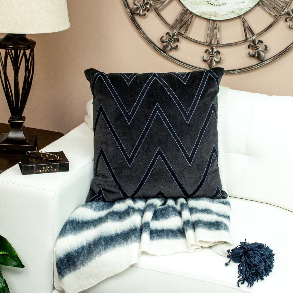 22" Black and Blue Zigzag Cotton Throw Pillow with Embroidery and Applique