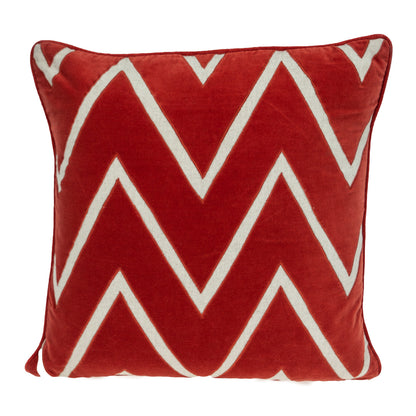 22" Beige and Red Zigzag Cotton Throw Pillow with Embroidery and Applique