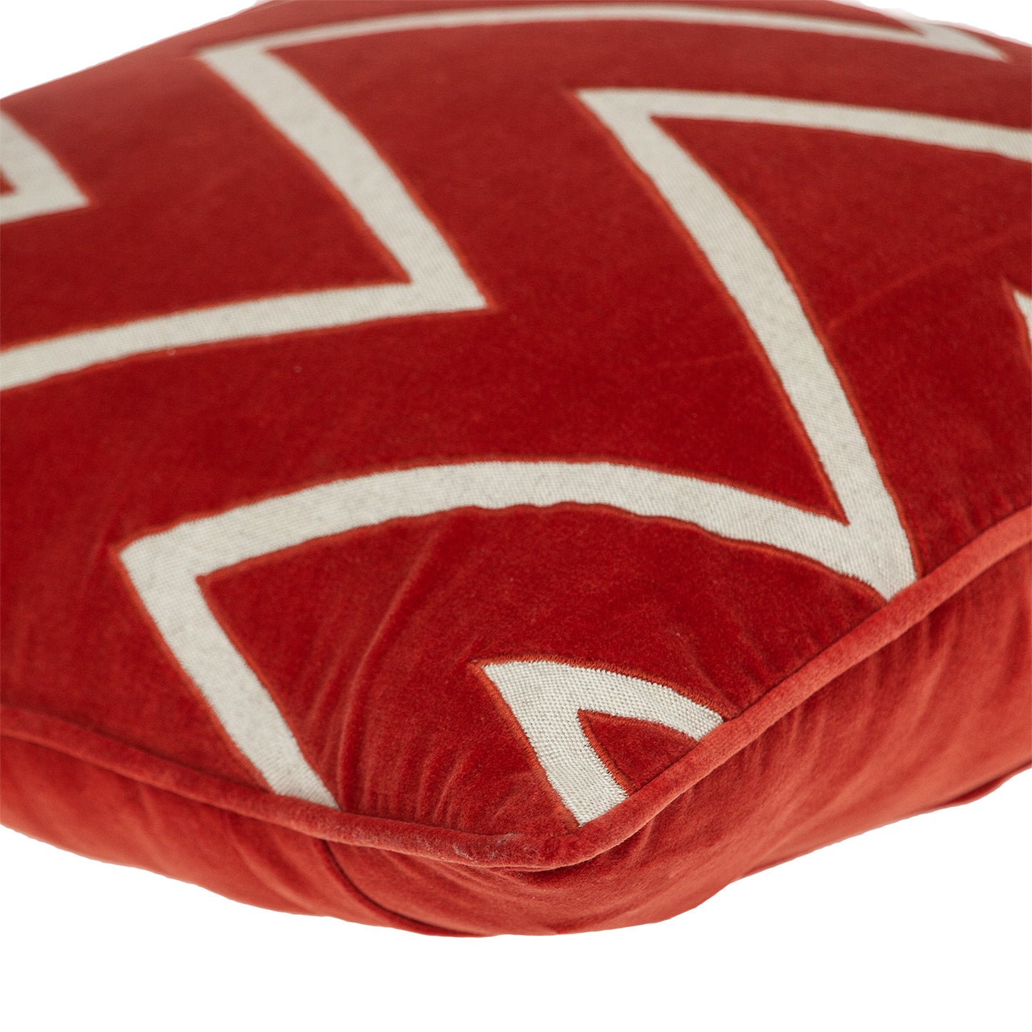 22" Beige and Red Zigzag Cotton Throw Pillow with Embroidery and Applique