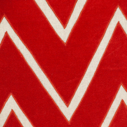 22" Beige and Red Zigzag Cotton Throw Pillow with Embroidery and Applique