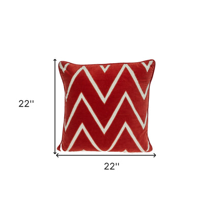 22" Beige and Red Zigzag Cotton Throw Pillow with Embroidery and Applique