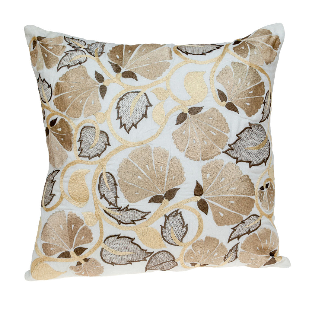 22" Gold and White Floral Cotton Throw Pillow With Embroidery