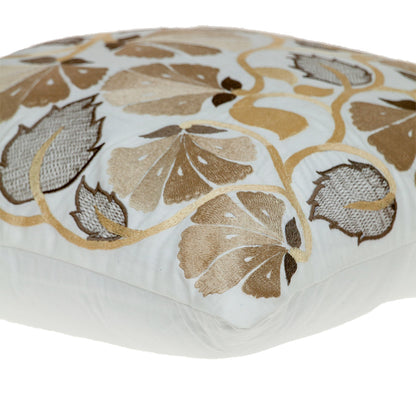 22" Gold and White Floral Cotton Throw Pillow With Embroidery