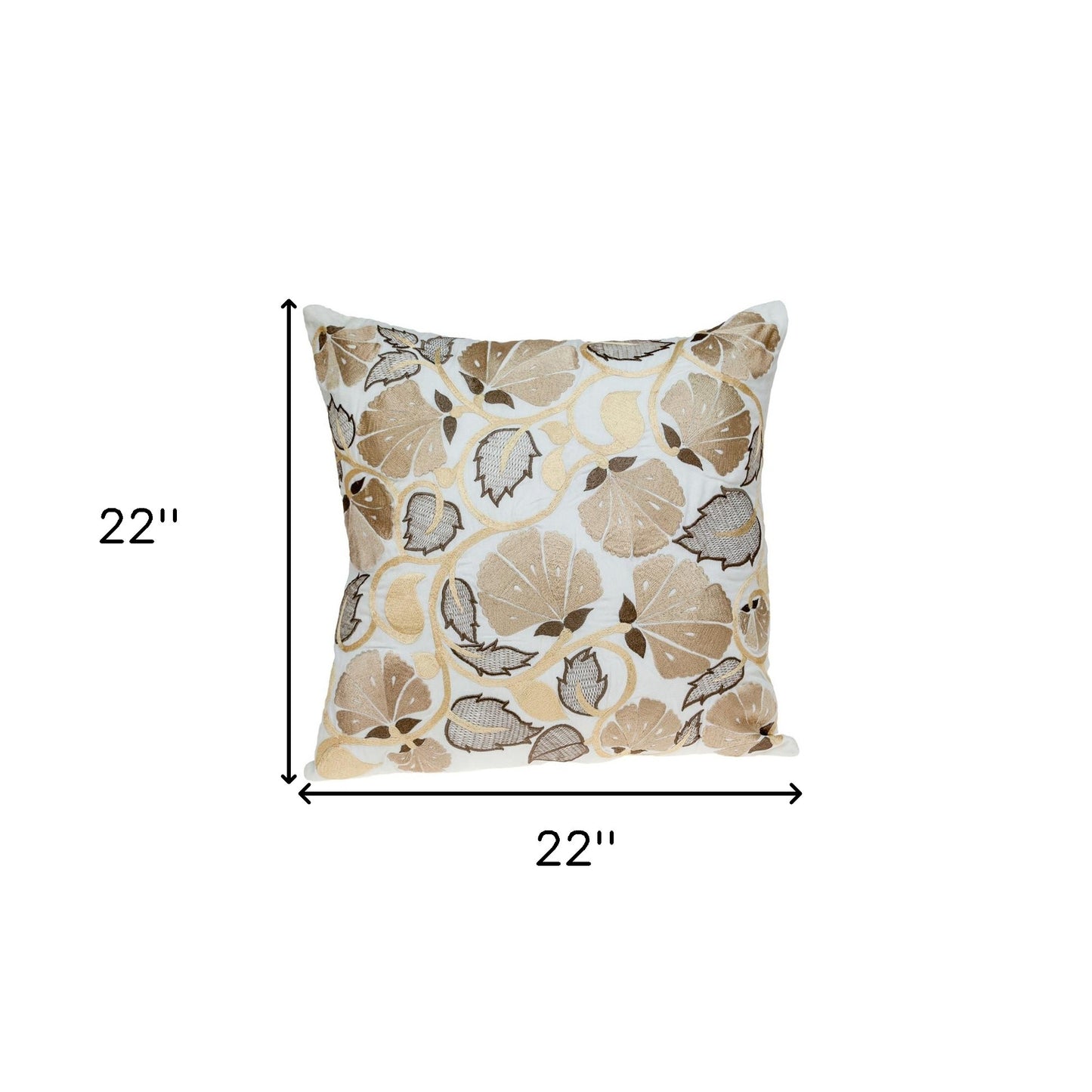 22" Gold and White Floral Cotton Throw Pillow With Embroidery