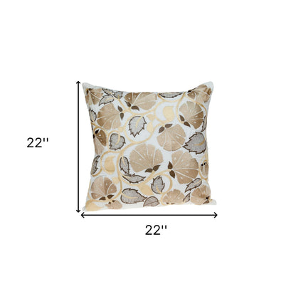 22" Gold and White Floral Cotton Throw Pillow With Embroidery