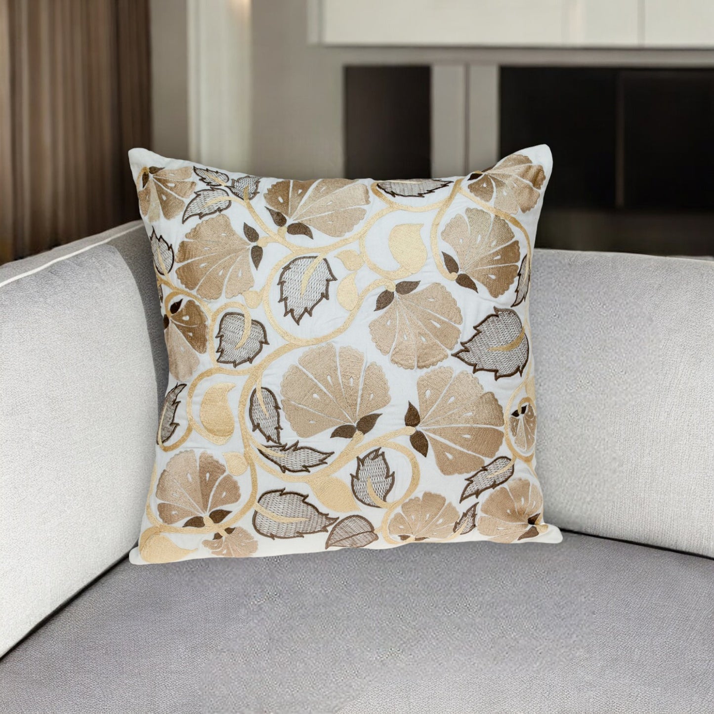 22" Gold and White Floral Cotton Throw Pillow With Embroidery