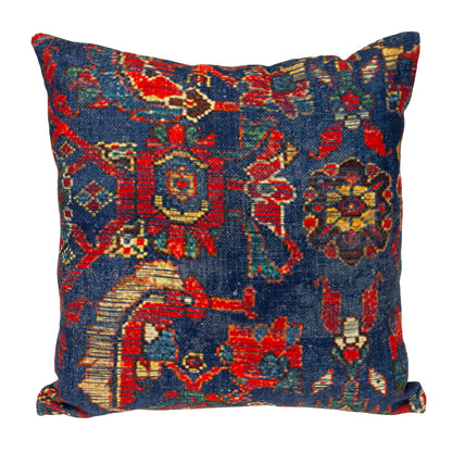 18" Blue and Red Damask Cotton Throw Pillow