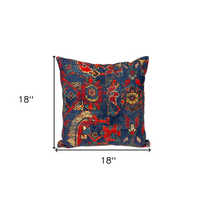 18" Blue and Red Damask Cotton Throw Pillow