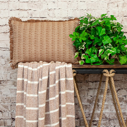 14" X 20" Brown and White Striped Cotton Throw Pillow With Fringe