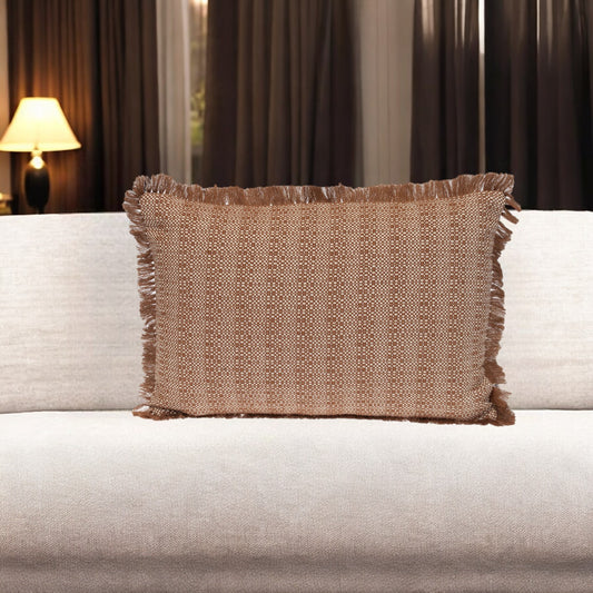 14" X 20" Brown and White Striped Cotton Throw Pillow With Fringe