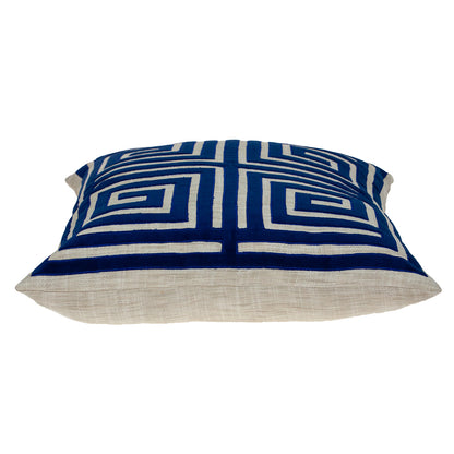 22" Beige and Blue Geometric Cotton Blend Throw Pillow with Embroidery and Applique