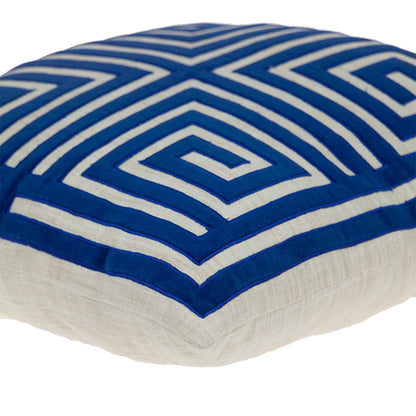 22" Beige and Blue Geometric Cotton Blend Throw Pillow with Embroidery and Applique