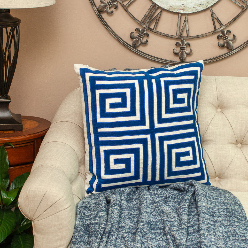 22" Beige and Blue Geometric Cotton Blend Throw Pillow with Embroidery and Applique