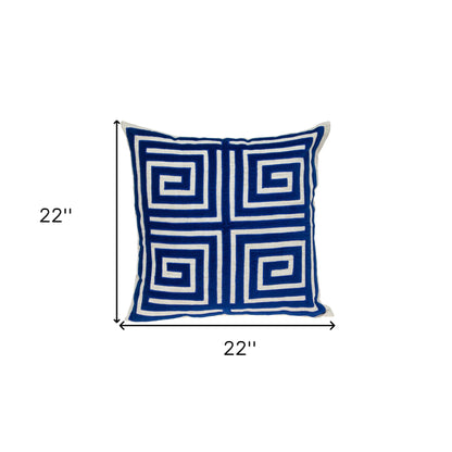 22" Beige and Blue Geometric Cotton Blend Throw Pillow with Embroidery and Applique