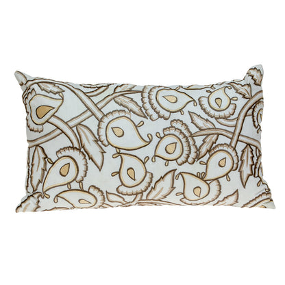 14" X 24" Brown and White Floral Cotton Throw Pillow With Embroidery