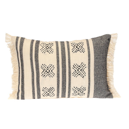 14" X 20" Beige and Black Southwestern Cotton Throw Pillow With Fringe