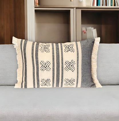 14" X 20" Beige and Black Southwestern Cotton Throw Pillow With Fringe