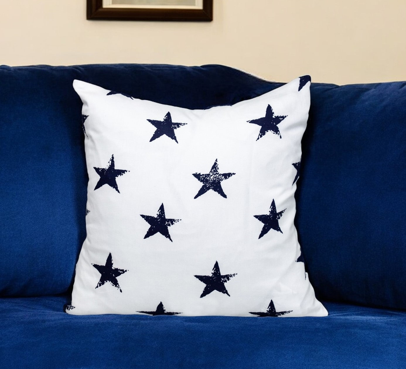 16" White and Blue Star Cotton Throw Pillow