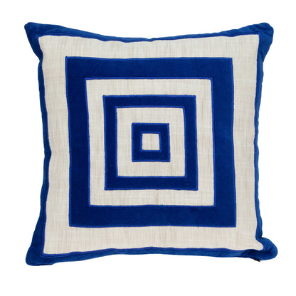 18" Beige and Blue Geometric Cotton Blend Throw Pillow with Embroidery and Applique