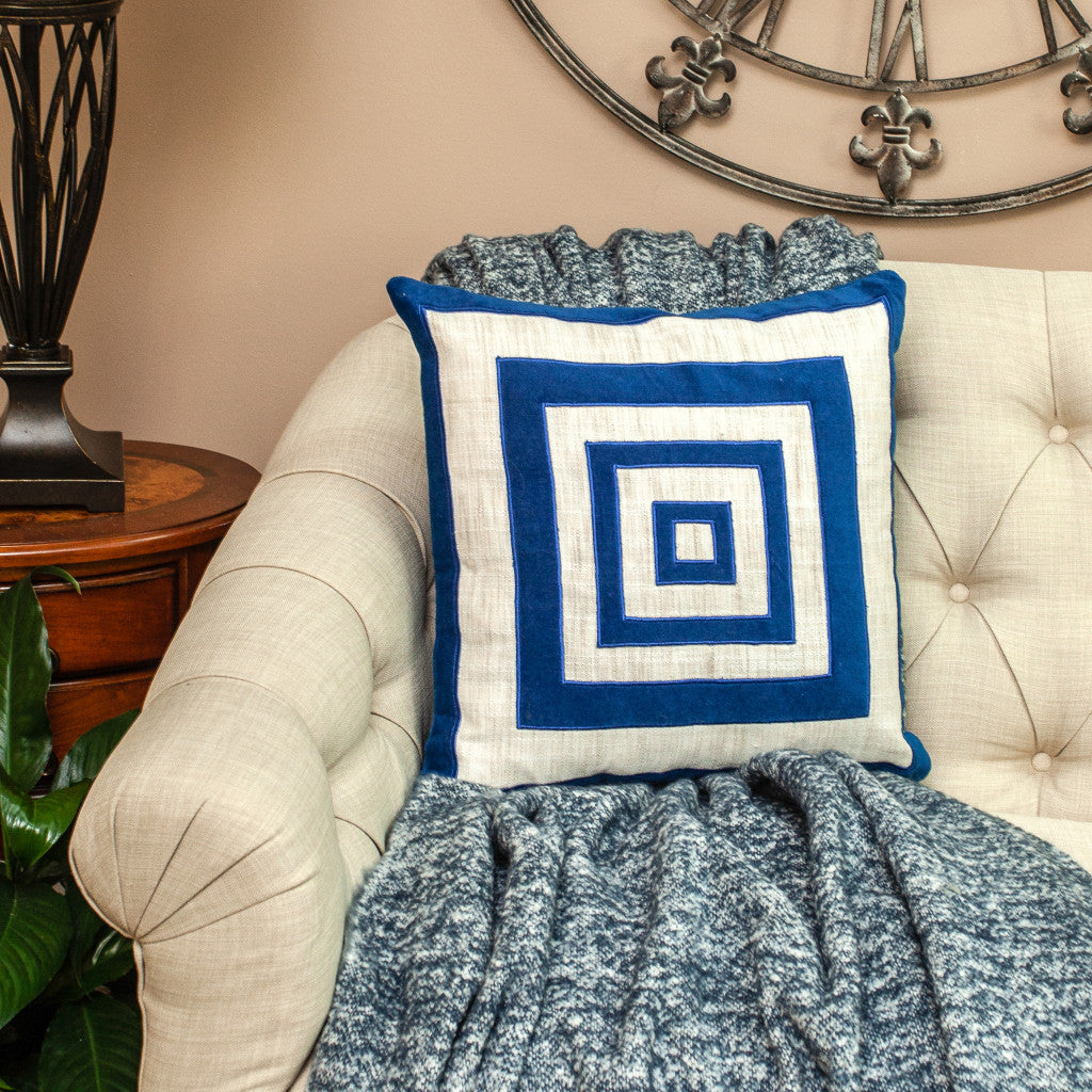 18" Beige and Blue Geometric Cotton Blend Throw Pillow with Embroidery and Applique