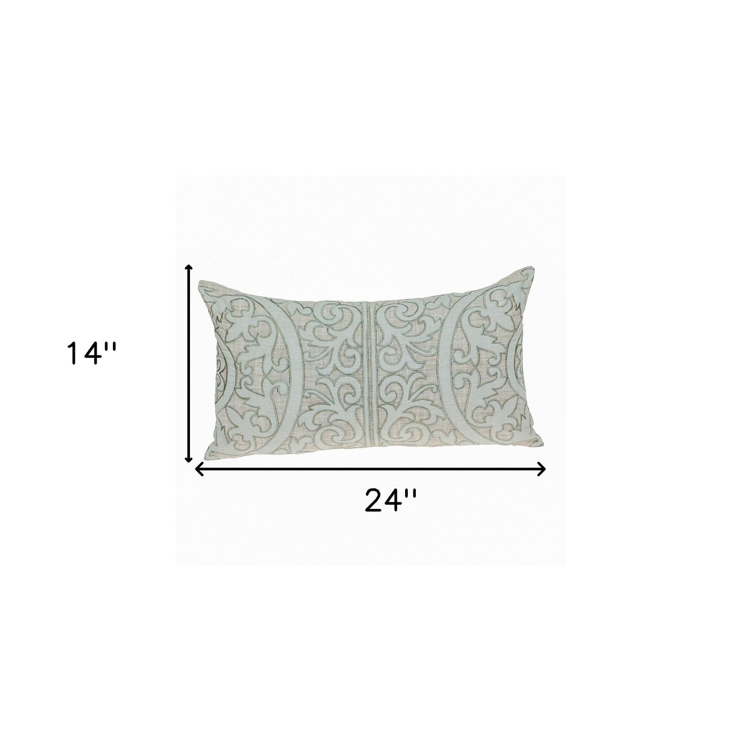 14" X 24" Beige and Green Damask Linen Throw Pillow With Embroidery