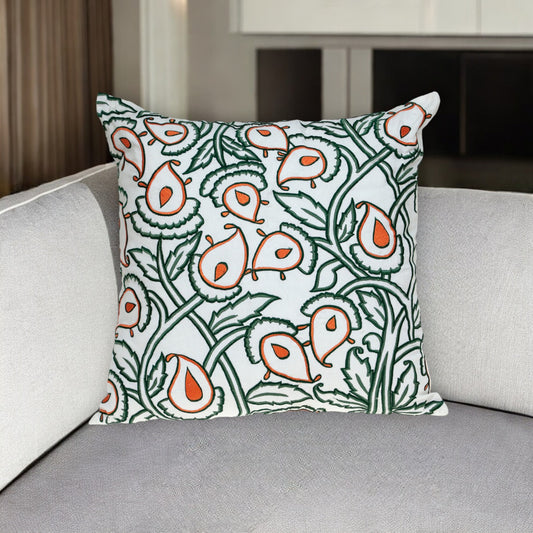 22" Green and White Floral Cotton Throw Pillow With Embroidery