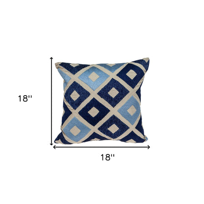 18" Beige and Blue Diamond Cotton Throw Pillow With Embroidery