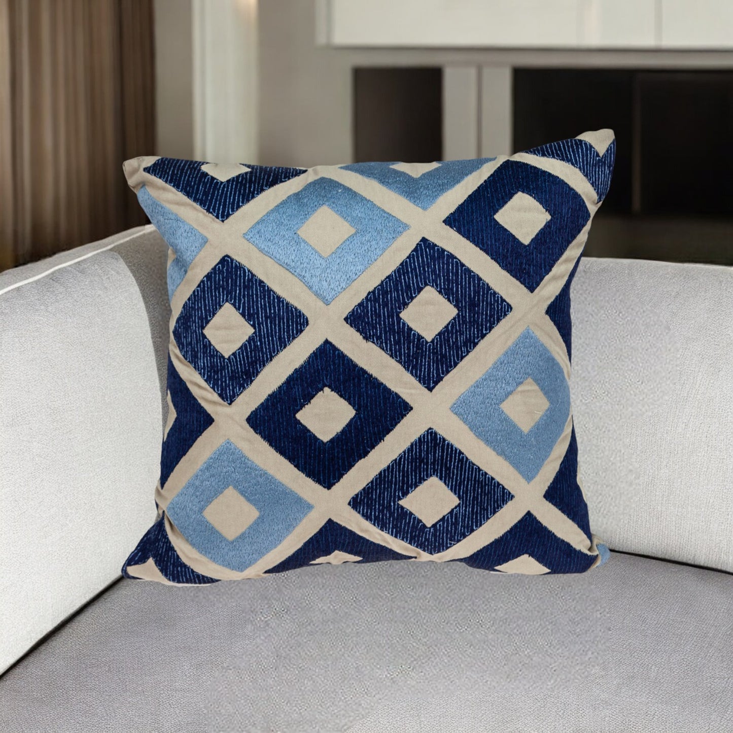 18" Beige and Blue Diamond Cotton Throw Pillow With Embroidery