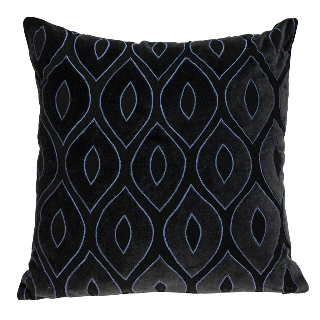 22" Black and Blue Ogee Cotton Throw Pillow with Embroidery and Applique