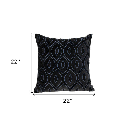 22" Black and Blue Ogee Cotton Throw Pillow with Embroidery and Applique