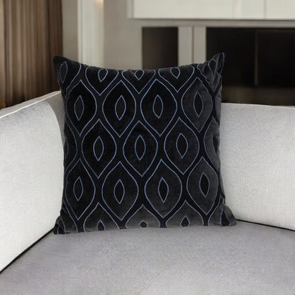 22" Black and Blue Ogee Cotton Throw Pillow with Embroidery and Applique