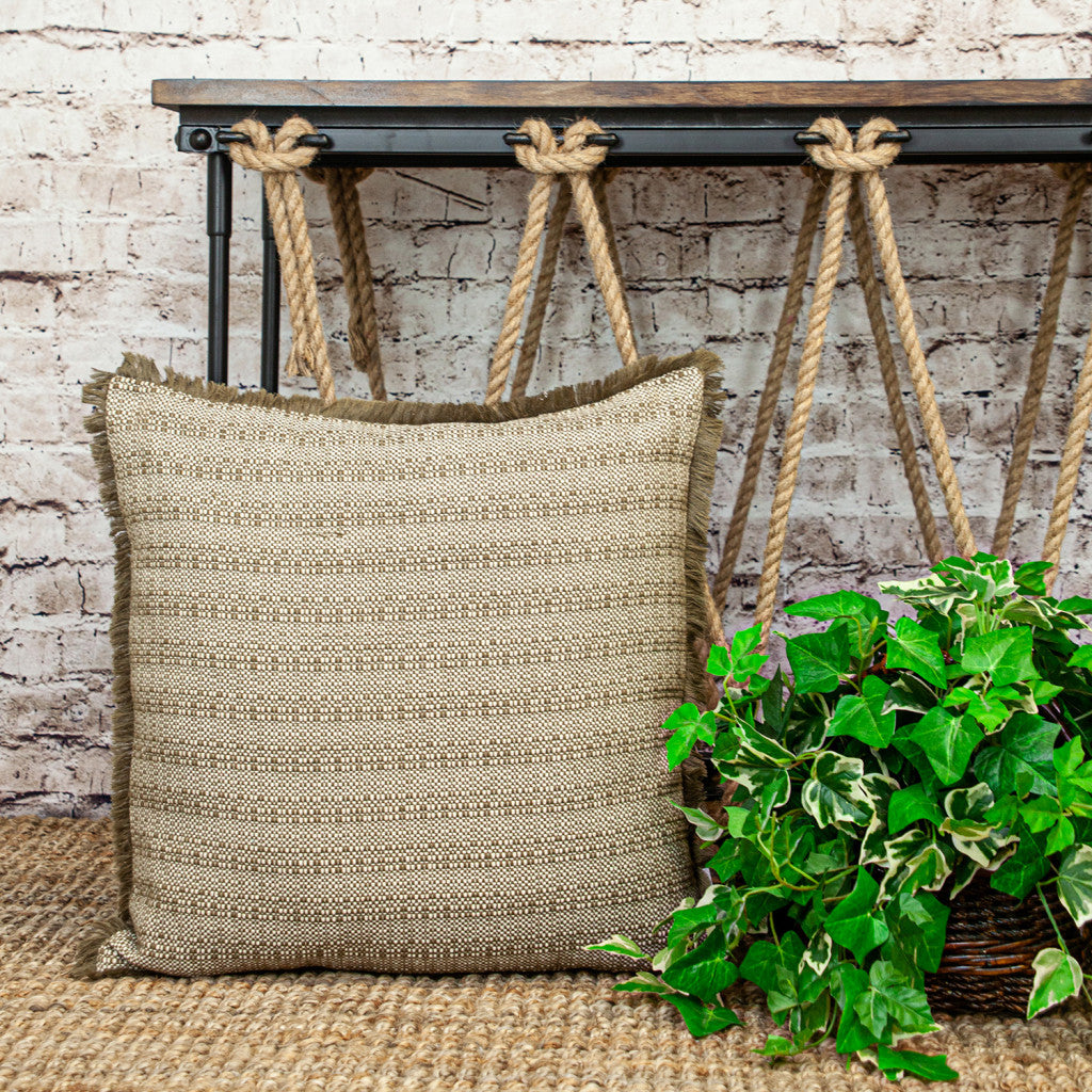 24" Green and White Striped Cotton Throw Pillow With Fringe