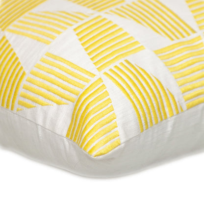 18" Yellow and White Geometric Cotton Throw Pillow With Embroidery