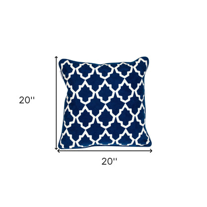 20" Blue and White Geometric Cotton Throw Pillow