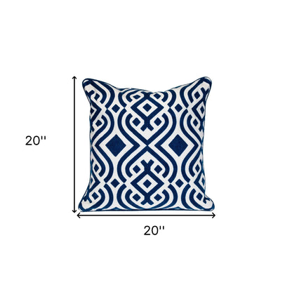 20" Blue and White Geometric Cotton Throw Pillow