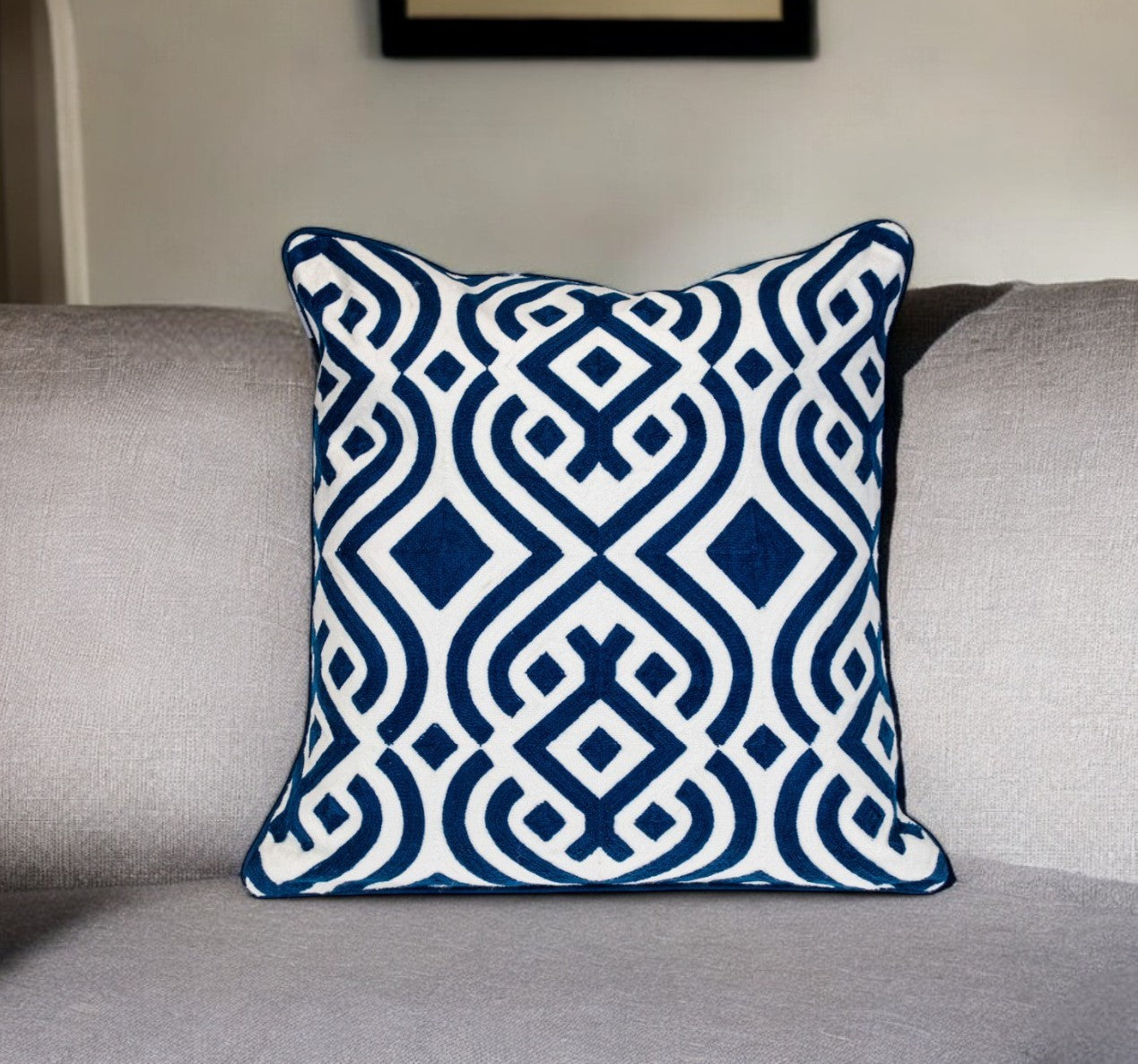 20" Blue and White Geometric Cotton Throw Pillow