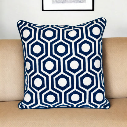 20" X 20" Blue Geometric Cotton Zippered Pillow